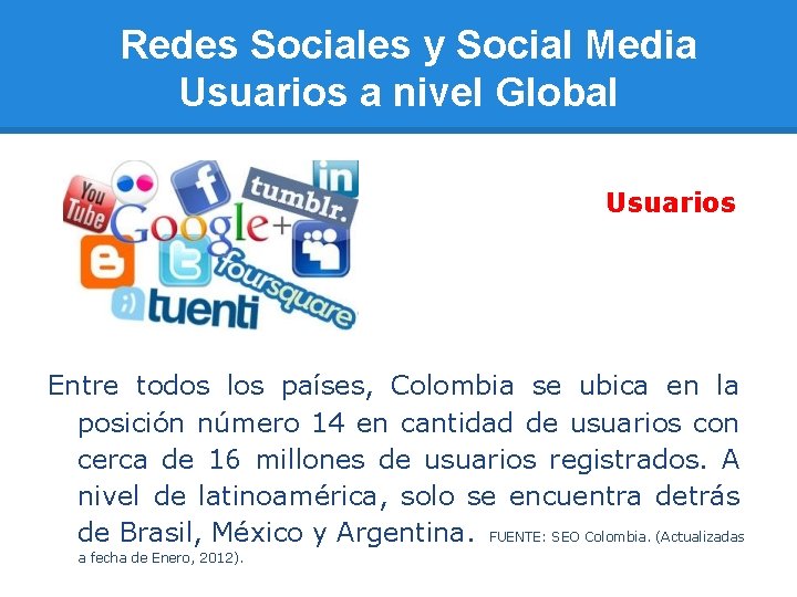 Redes Sociales y Social Media Usuarios a nivel Global a nivel global Usuarios Entre
