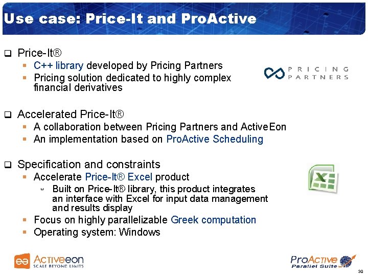 Use case: Price-It and Pro. Active q Price-It® § C++ library developed by Pricing