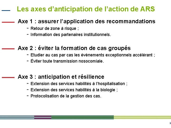 Les axes d’anticipation de l’action de ARS Axe 1 : assurer l’application des recommandations