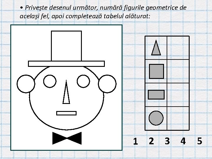  • Priveşte desenul următor, numără figurile geometrice de acelaşi fel, apoi completează tabelul
