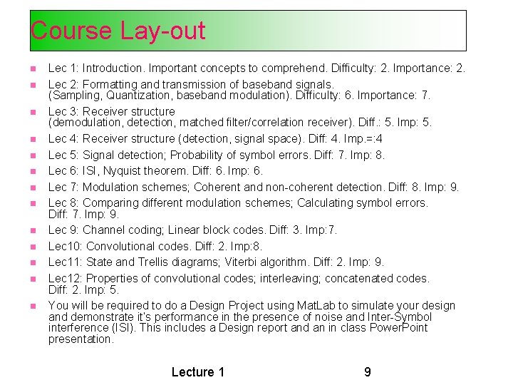 Course Lay-out Lec 1: Introduction. Important concepts to comprehend. Difficulty: 2. Importance: 2. Lec Course Lay-out Lec 1: Introduction. Important concepts to comprehend. Difficulty: 2. Importance: 2. Lec