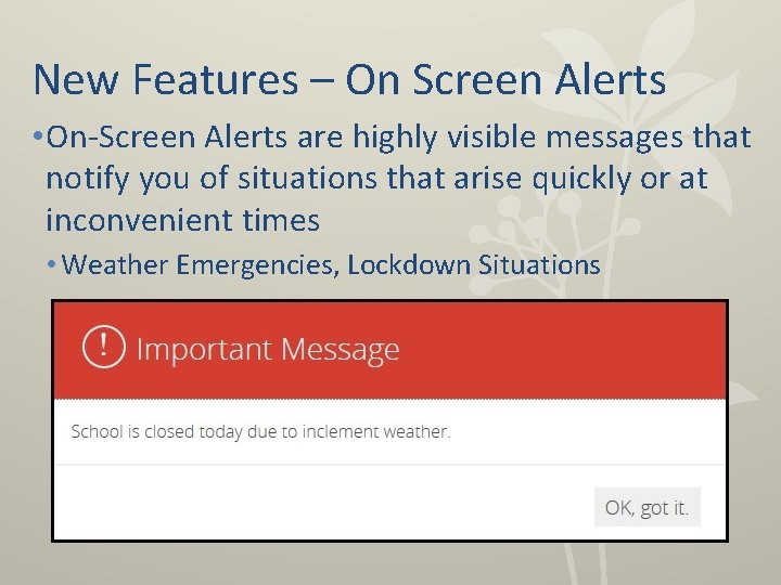 New Features – On Screen Alerts • On-Screen Alerts are highly visible messages that