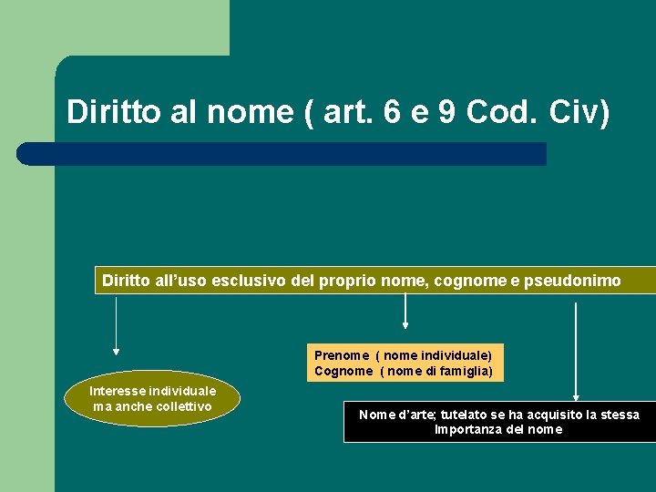 Diritto al nome ( art. 6 e 9 Cod. Civ) Diritto all’uso esclusivo del