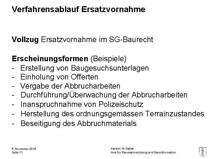 Verfahrensablauf Ersatzvornahme Vollzug Ersatzvornahme im SG-Baurecht Erscheinungsformen (Beispiele) - Erstellung von Baugesuchsunterlagen - Einholung