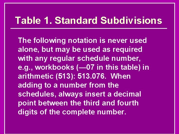 Table 1. Standard Subdivisions The following notation is never used alone, but may be