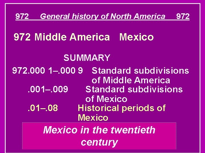 972 General history of North America 972 Middle America Mexico SUMMARY 972. 000 1–.