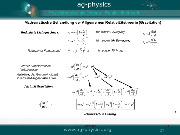 Physiktheorien als Dogma : Relativitätstheorie Mathematische Behandlung der Allgemeinen Relativitätstheorie (Gravitation) für radiale Bewegung