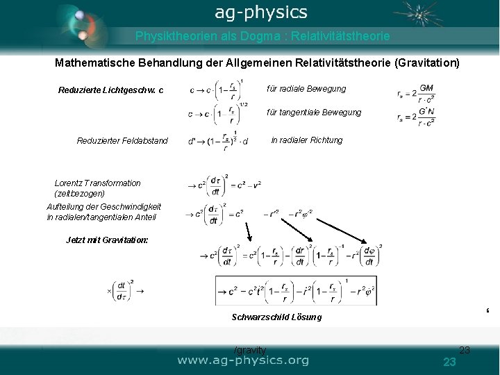 Physiktheorien als Dogma : Relativitätstheorie Mathematische Behandlung der Allgemeinen Relativitätstheorie (Gravitation) für radiale Bewegung