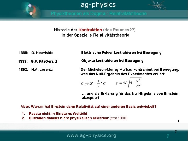 Physiktheorien als Dogma : Relativitätstheorie Historie der Kontraktion (des Raumes? ? ) in der