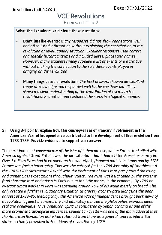 Revolutions Unit 3 AOS 1 Date: 30/01/2022 VCE Revolutions Homework Task 2 What the