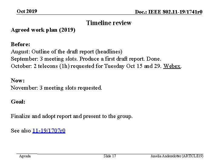Oct 2019 Agreed work plan (2019) Doc. : IEEE 802. 11 -19/1741 r 0