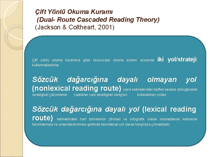 Çift Yönlü Okuma Kuramı (Dual- Route Cascaded Reading Theory) (Jackson & Coltheart, 2001) Çift