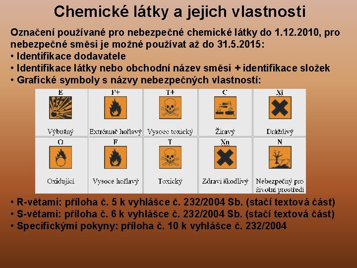 Chemické látky a jejich vlastnosti Označení používané pro nebezpečné chemické látky do 1. 12.