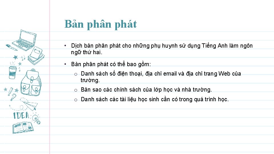 Bản phân phát • Dịch bản phân phát cho những phụ huynh sử dụng