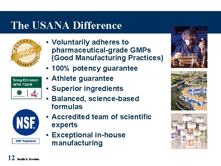 The USANA Difference • Voluntarily adheres to pharmaceutical-grade GMPs (Good Manufacturing Practices) • 100%