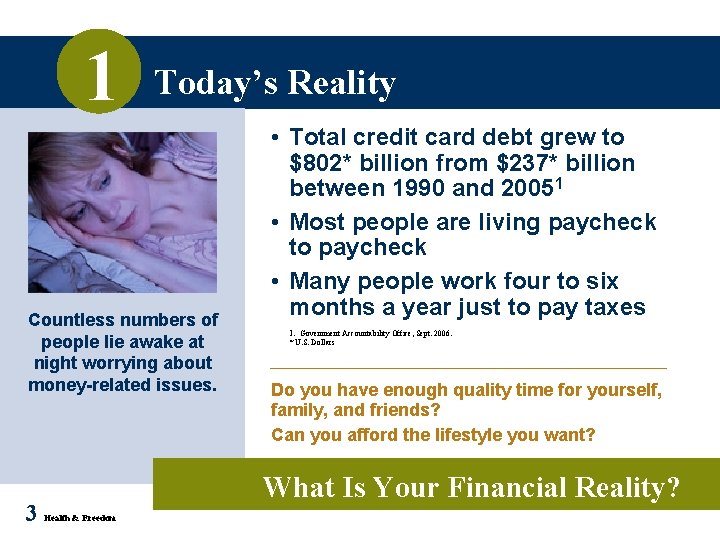 1 Today’s Reality Countless numbers of people lie awake at night worrying about money-related