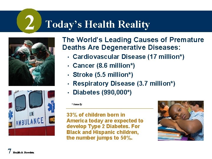 2 Today’s Health Reality The World’s Leading Causes of Premature Deaths Are Degenerative Diseases: