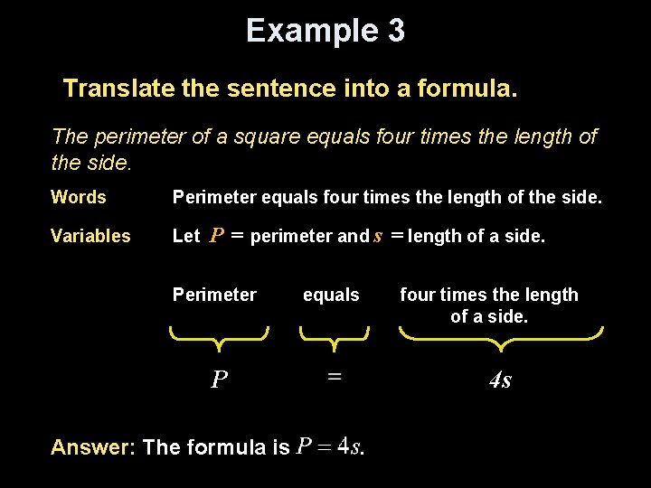 Example 3 Translate the sentence into a formula. The perimeter of a square equals