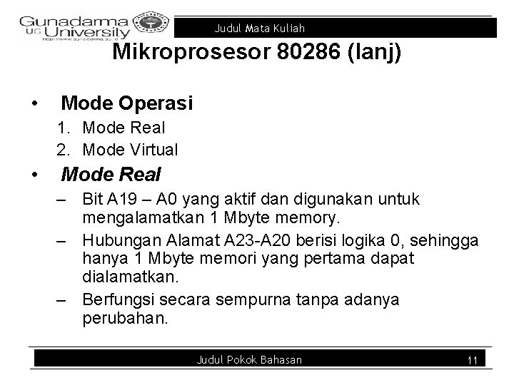 Judul Mata Kuliah Mikroprosesor 80286 (lanj) • Mode Operasi 1. Mode Real 2. Mode