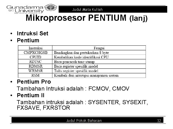 Judul Mata Kuliah Mikroprosesor PENTIUM (lanj) • Intruksi Set • Pentium Pro Tambahan Intruksi
