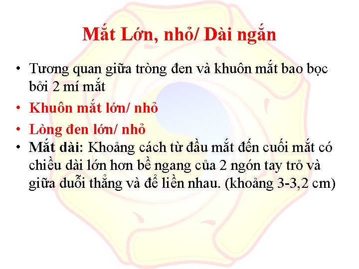 Mắt Lớn, nhỏ/ Dài ngắn • Tương quan giữa tròng đen và khuôn mắt