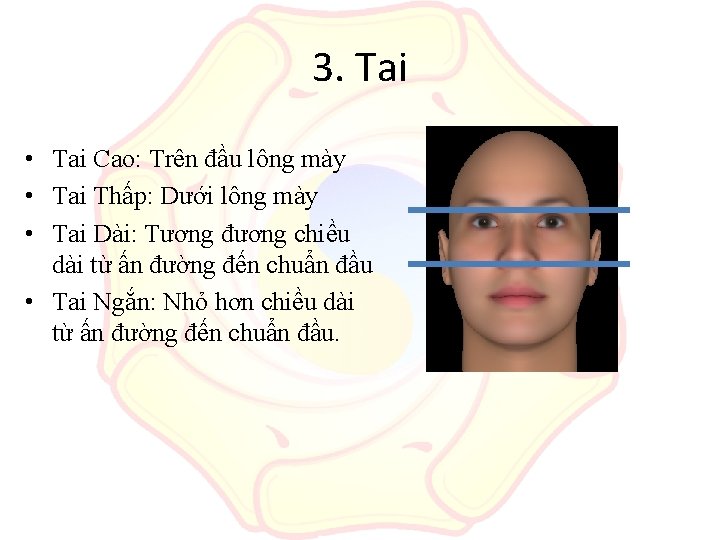 3. Tai • Tai Cao: Trên đầu lông mày • Tai Thấp: Dưới lông