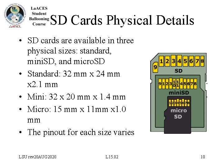 SD Cards Physical Details • SD cards are available in three physical sizes: standard,