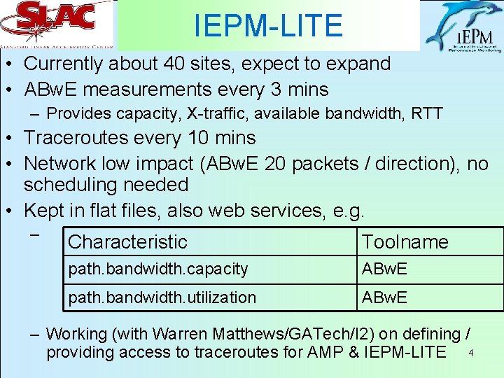 IEPM-LITE • Currently about 40 sites, expect to expand • ABw. E measurements every