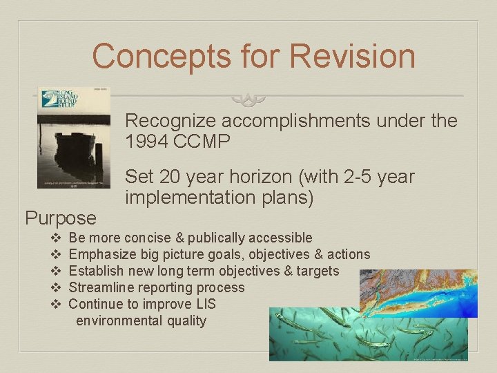 Concepts for Revision Recognize accomplishments under the 1994 CCMP Purpose v v v Set