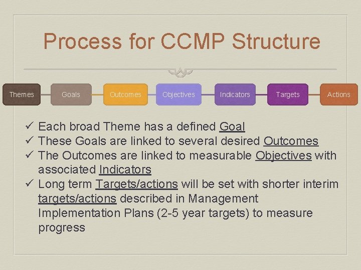 Process for CCMP Structure Themes Goals Outcomes Objectives Indicators Targets Actions ü Each broad