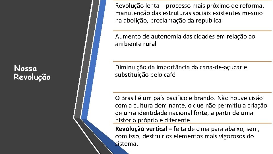 Revolução lenta – processo mais próximo de reforma, manutenção das estruturas sociais existentes mesmo