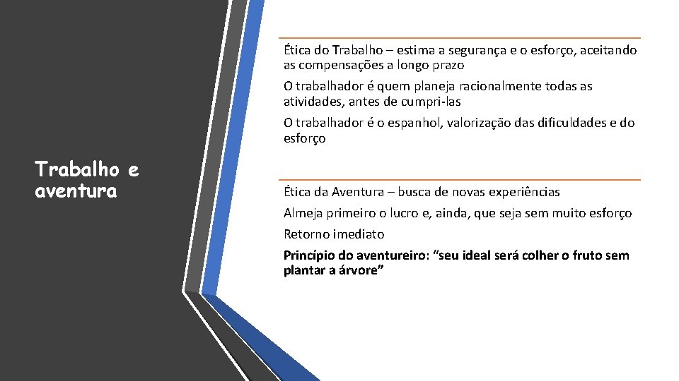 Ética do Trabalho – estima a segurança e o esforço, aceitando as compensações a