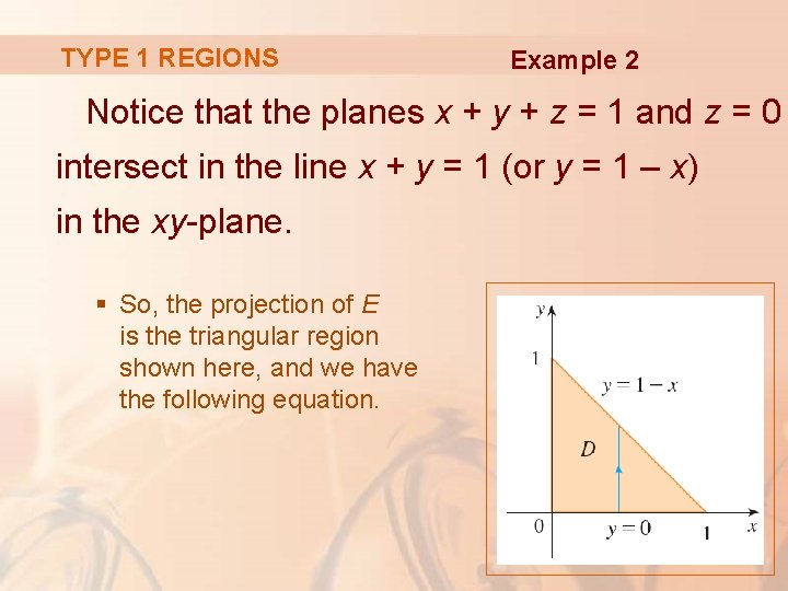 TYPE 1 REGIONS Example 2 Notice that the planes x + y + z