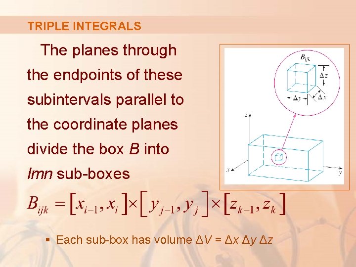 TRIPLE INTEGRALS The planes through the endpoints of these subintervals parallel to the coordinate