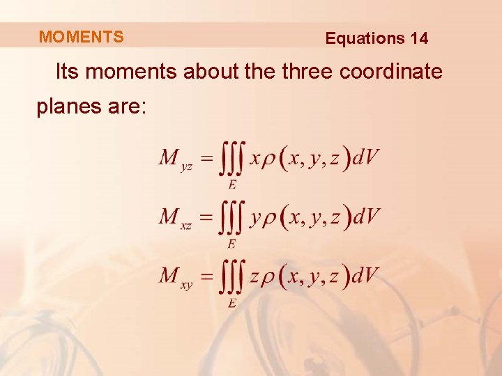 MOMENTS Equations 14 Its moments about the three coordinate planes are: 