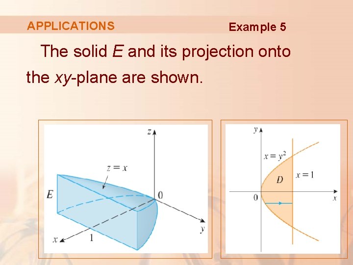 APPLICATIONS Example 5 The solid E and its projection onto the xy-plane are shown.