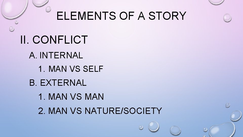 ELEMENTS OF A STORY II. CONFLICT A. INTERNAL 1. MAN VS SELF B. EXTERNAL