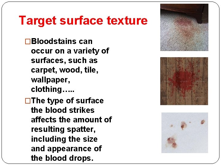 Target surface texture �Bloodstains can occur on a variety of surfaces, such as carpet,