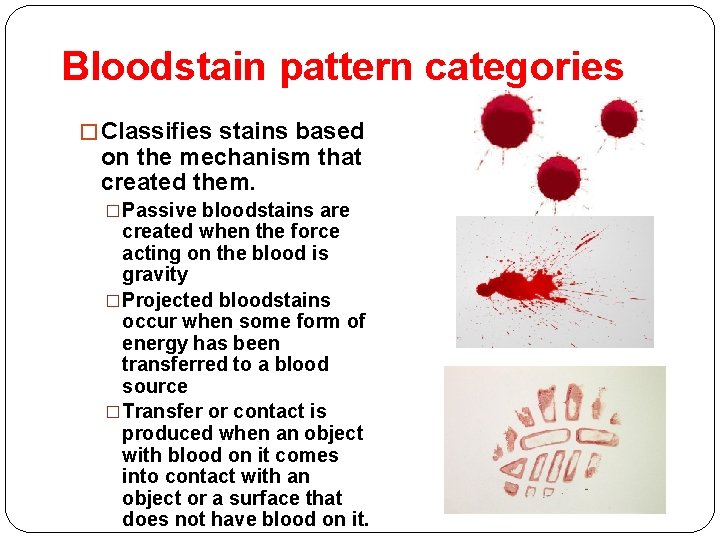 Bloodstain pattern categories � Classifies stains based on the mechanism that created them. �Passive