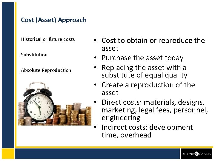 Cost (Asset) Approach Historical or future costs Substitution Absolute Reproduction • Cost to obtain