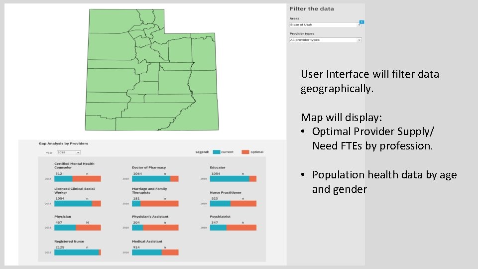 User Interface will filter data geographically. Map will display: • Optimal Provider Supply/ Need