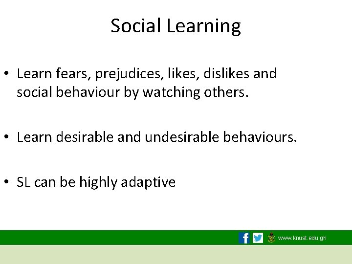 Social Learning • Learn fears, prejudices, likes, dislikes and social behaviour by watching others.
