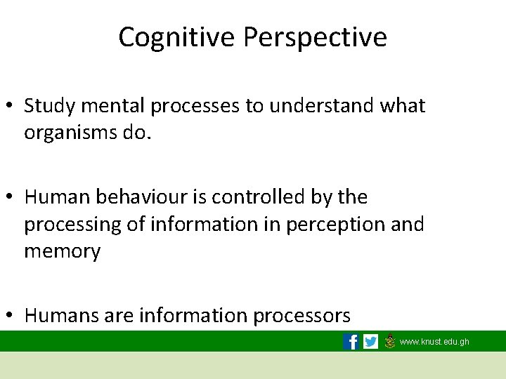 Cognitive Perspective • Study mental processes to understand what organisms do. • Human behaviour