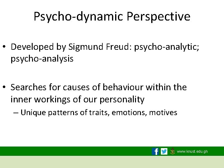 Psycho-dynamic Perspective • Developed by Sigmund Freud: psycho-analytic; psycho-analysis • Searches for causes of