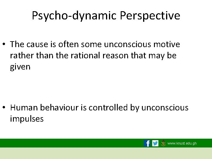 Psycho-dynamic Perspective • The cause is often some unconscious motive rather than the rational