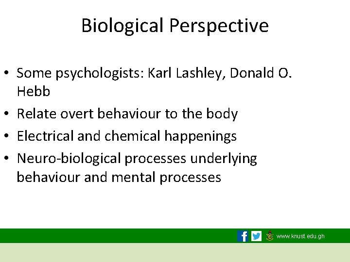 Biological Perspective • Some psychologists: Karl Lashley, Donald O. Hebb • Relate overt behaviour