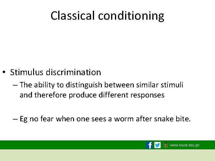 Classical conditioning • Stimulus discrimination – The ability to distinguish between similar stimuli and