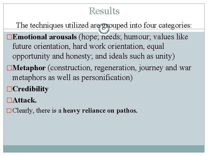 Results The techniques utilized are grouped into four categories: �Emotional arousals (hope; needs; humour;
