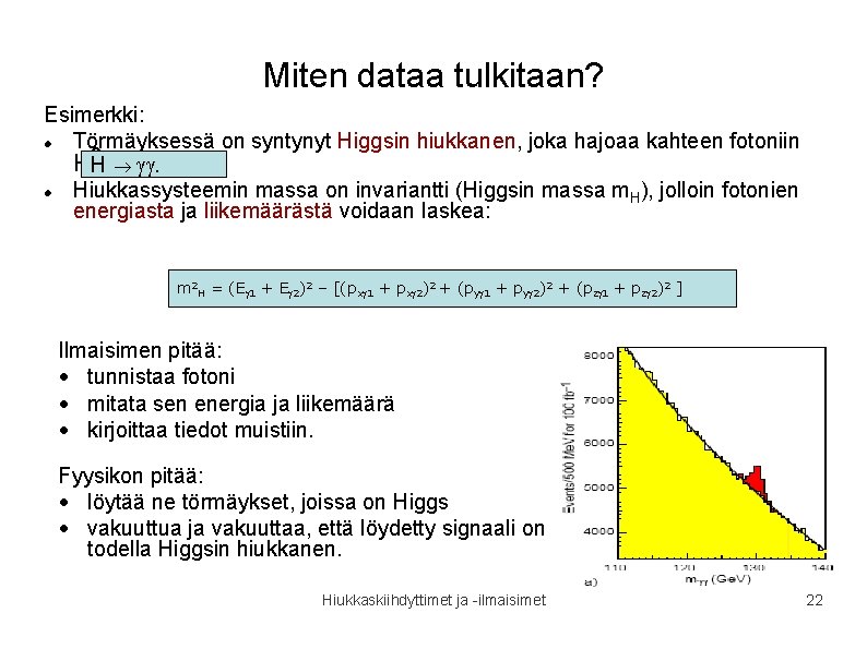 Miten dataa tulkitaan? Esimerkki: Törmäyksessä on syntynyt Higgsin hiukkanen, joka hajoaa kahteen fotoniin 0