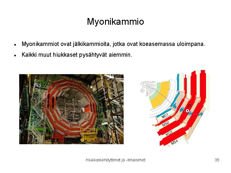 Myonikammio Myonikammiot ovat jälkikammioita, jotka ovat koeasemassa uloimpana. Kaikki muut hiukkaset pysähtyvät aiemmin. Hiukkaskiihdyttimet Myonikammio Myonikammiot ovat jälkikammioita, jotka ovat koeasemassa uloimpana. Kaikki muut hiukkaset pysähtyvät aiemmin. Hiukkaskiihdyttimet